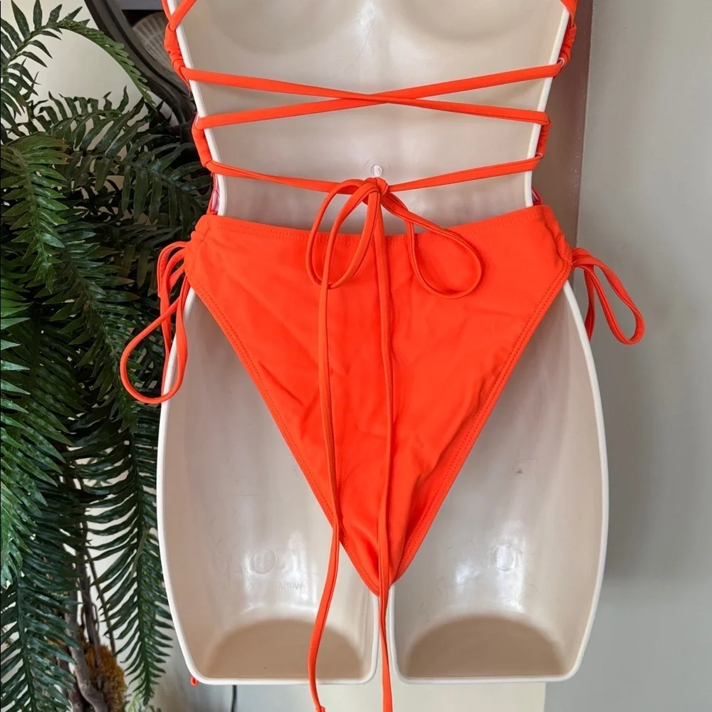 NWOT Orange Plunge One Piece Tie Back Swimsuit w/ Long Sleeve Ombre Mesh CoverUp